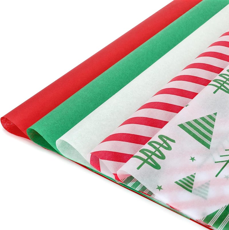 LOADSFUN 120 Sheets Christmas Tissue Paper for Gift Bags, Red Green and White Tissue Paper Bulk Assorted Design Gift Wrapping Paper for Crafts Holiday Decor - Image 1